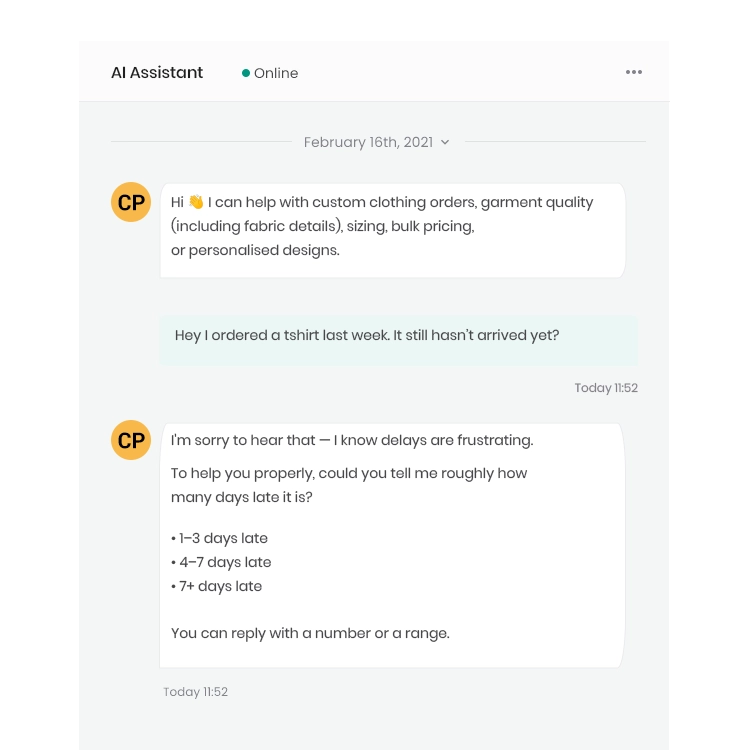 AI chatbot handling print and ecommerce queries